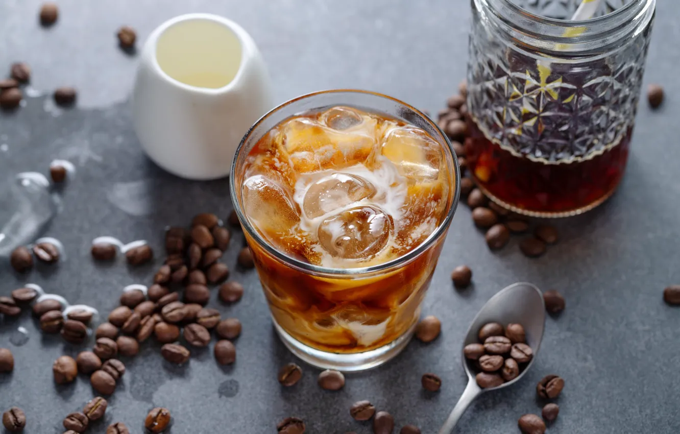 Photo wallpaper glass, ice cubes, coffee, drink