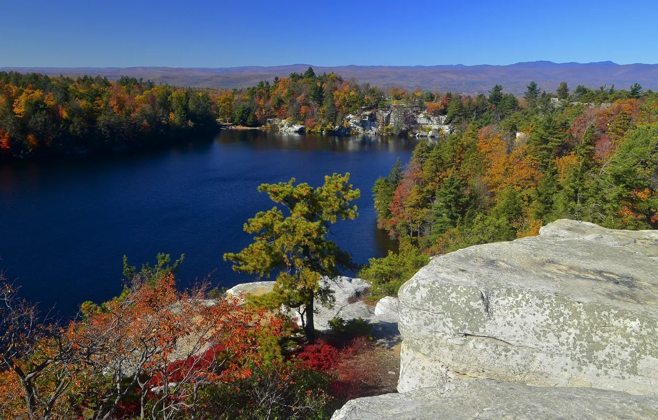 Photo wallpaper autumn, forest, trees, lake, rocks, panorama, New York, the state of new York