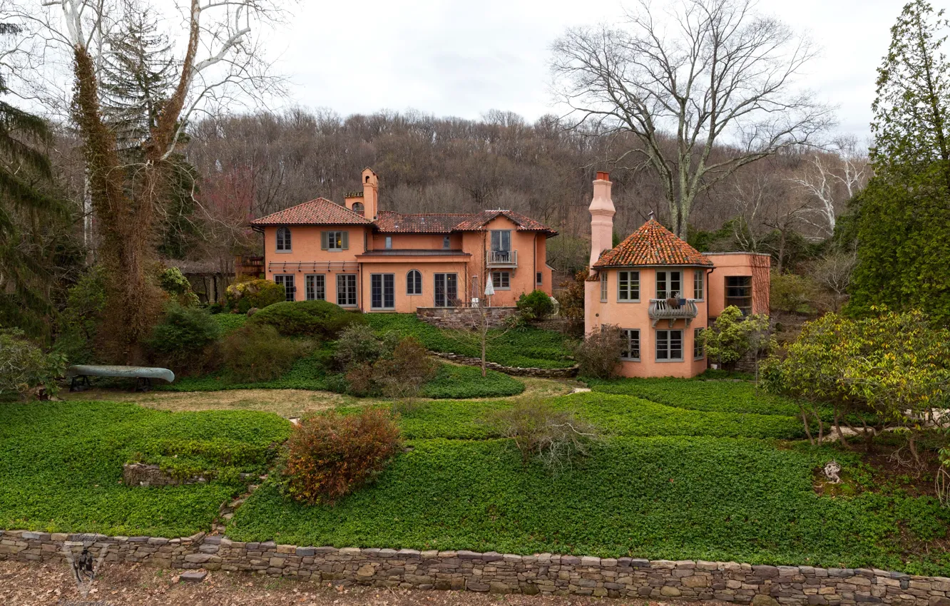 Photo wallpaper autumn, forest, grass, trees, home, mansion, the bushes