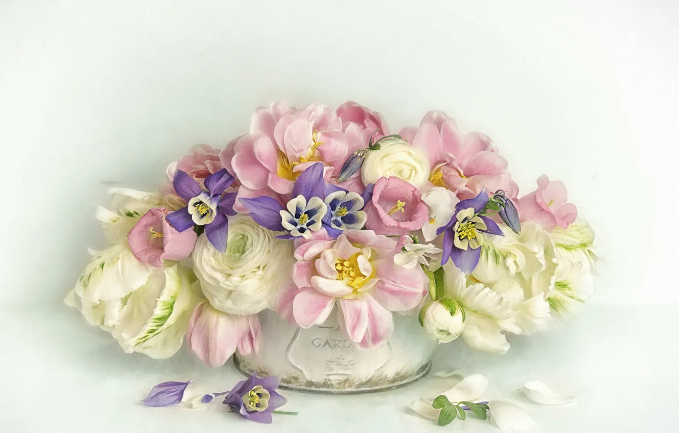 Photo wallpaper flowers, bouquet, petals, art, tulips, pot, pink, white
