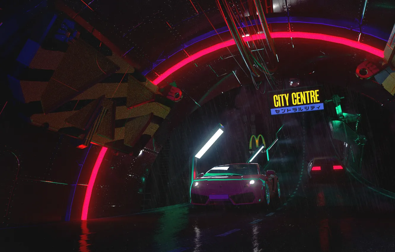 Photo wallpaper machine, auto, night, style, music, rain, neon, Lamborghini