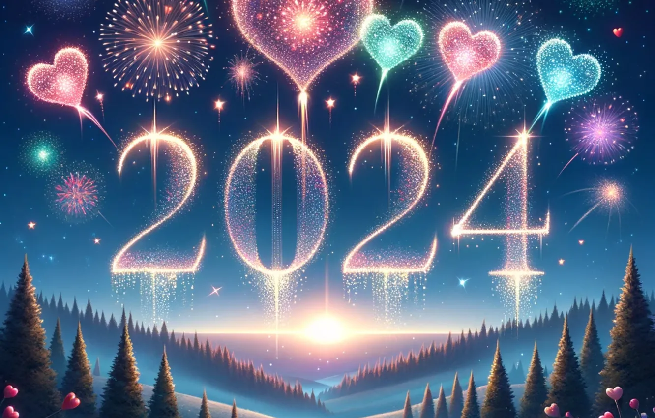 Photo wallpaper winter, field, forest, the sky, the sun, stars, balls, rays