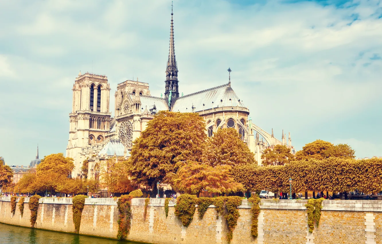 Photo wallpaper autumn, the sky, clouds, trees, river, France, Paris, tower