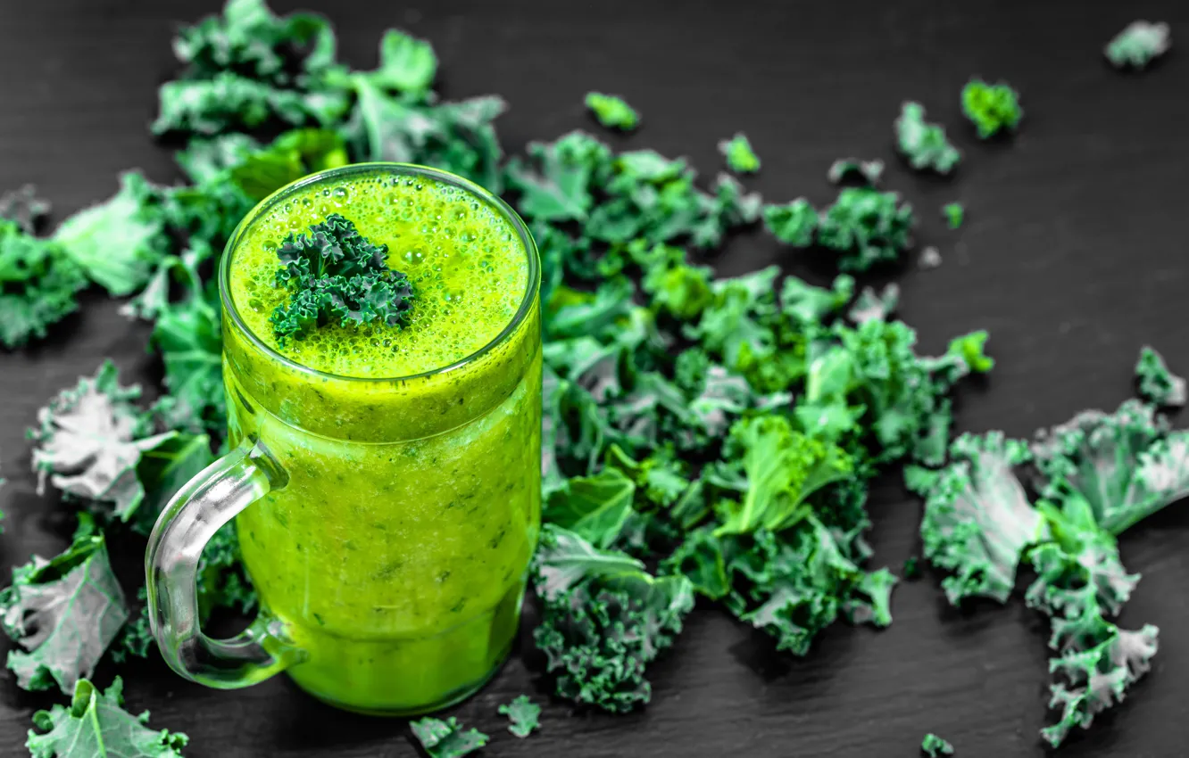 Photo wallpaper leaves, green, juice, mug, smoothies