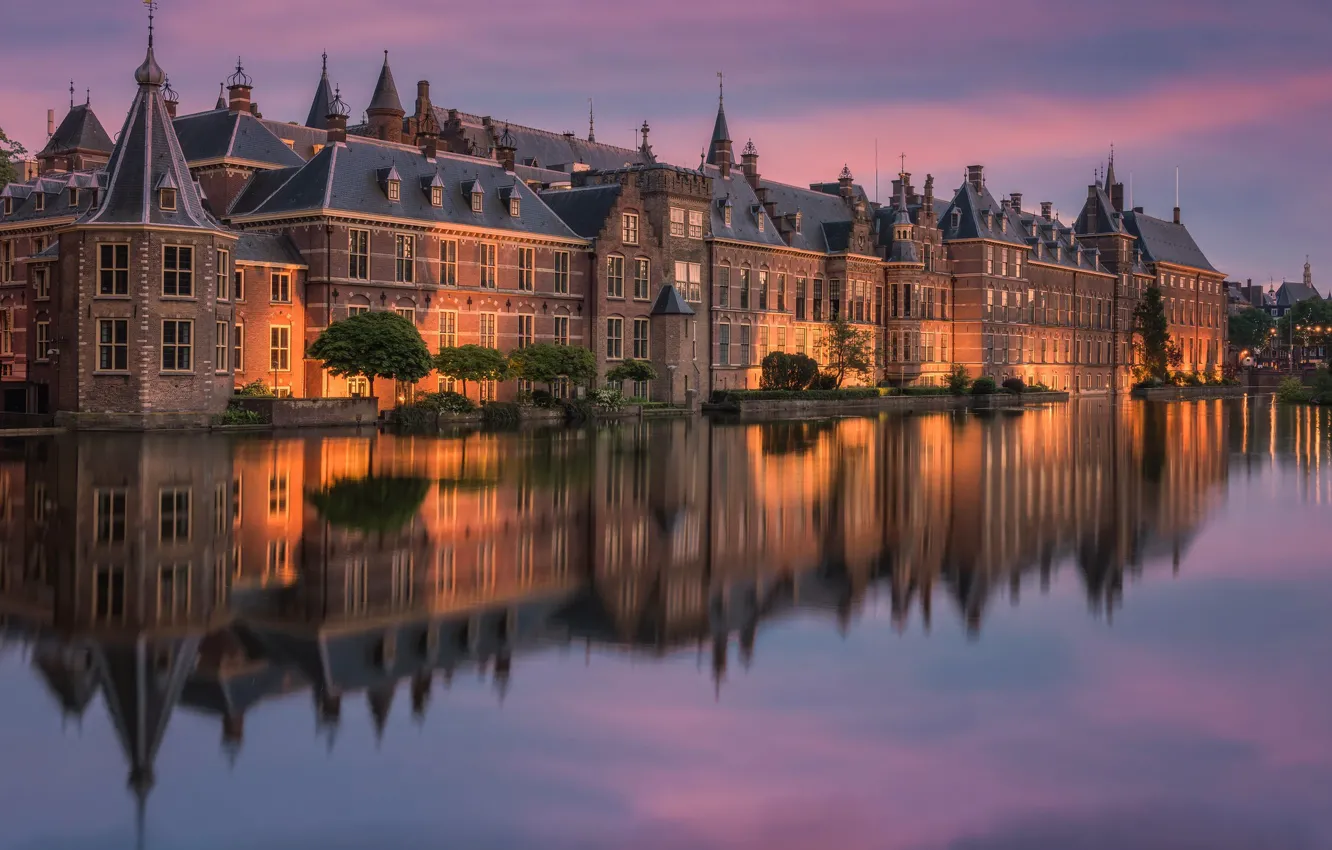 Photo wallpaper river, the building, the evening, Netherlands, Holland, The Hague, Binnenhof