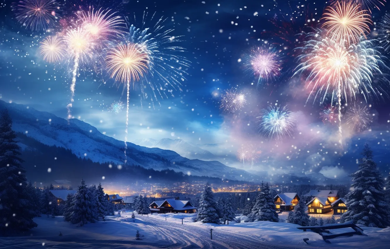 Photo wallpaper winter, snow, night, lights, new year, salute, village, Christmas