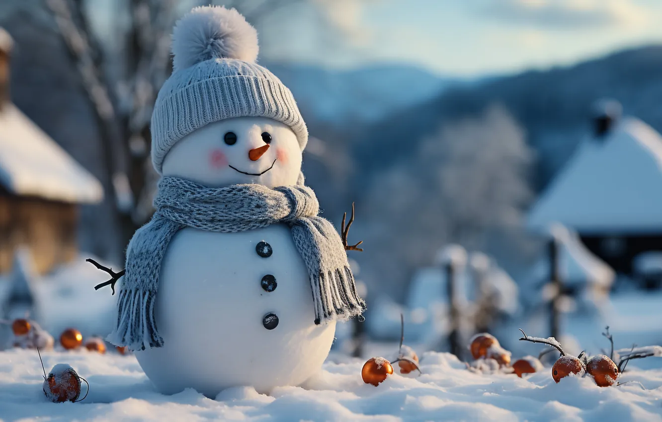 Photo wallpaper winter, snow, new year, Christmas, snowman, Christmas, winter, snow