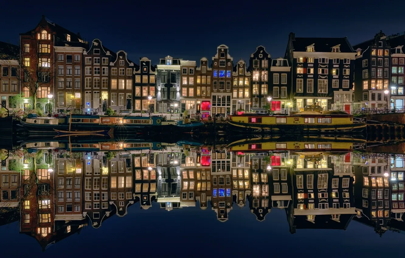 Photo wallpaper water, light, reflection, night, lights, boats, Amsterdam, Netherlands