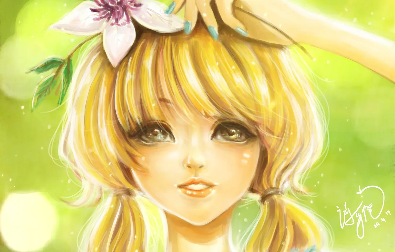 Photo wallpaper summer, girl, flowers, face, art, ponytail