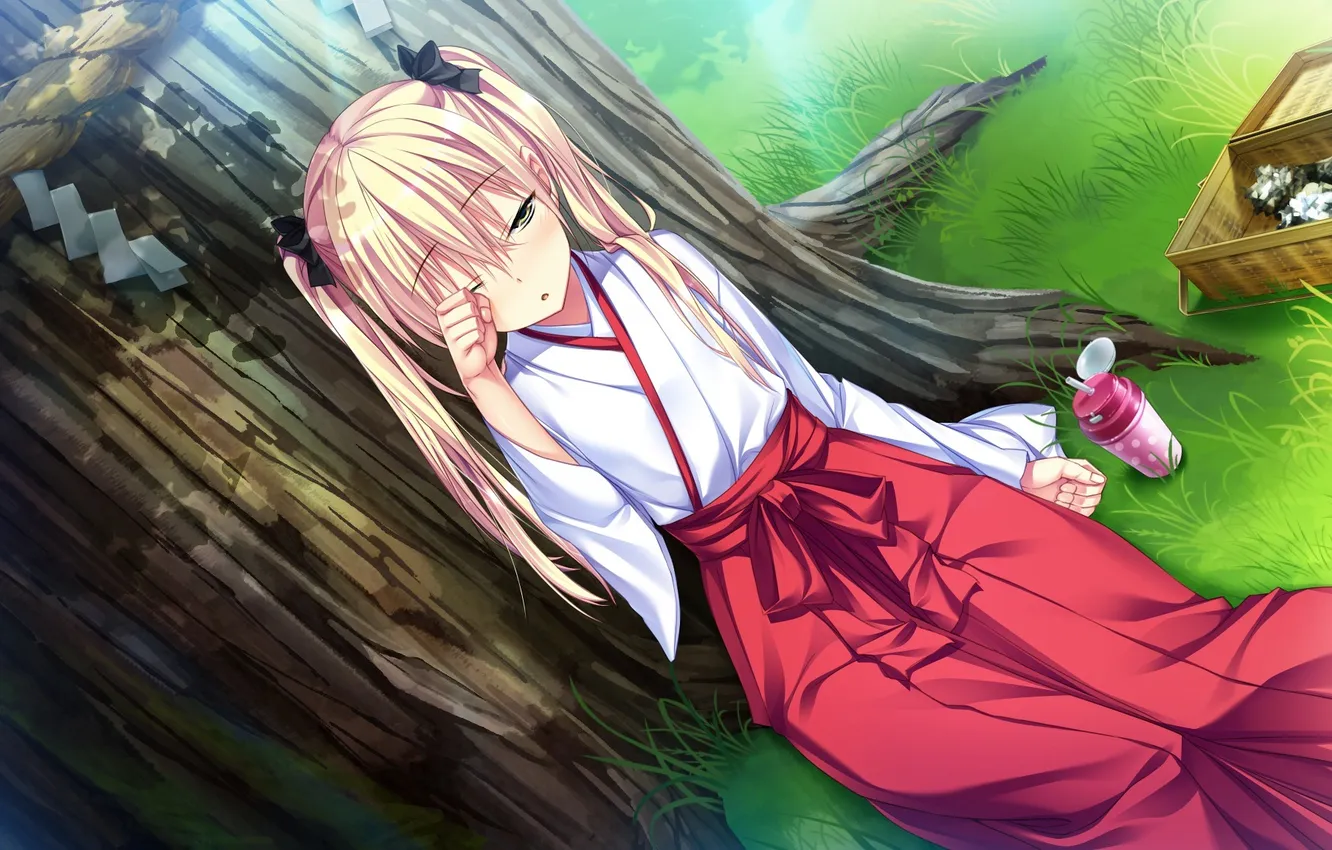 Photo wallpaper grass, look, girl, trees, food, yukata, art, shia ane shirakawa