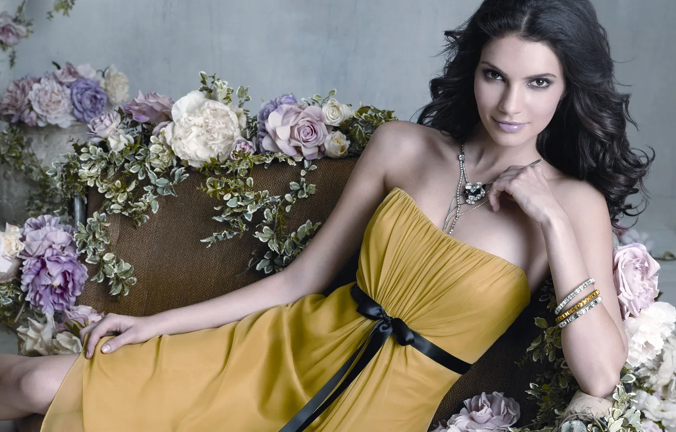 Photo wallpaper girl, flowers, chair