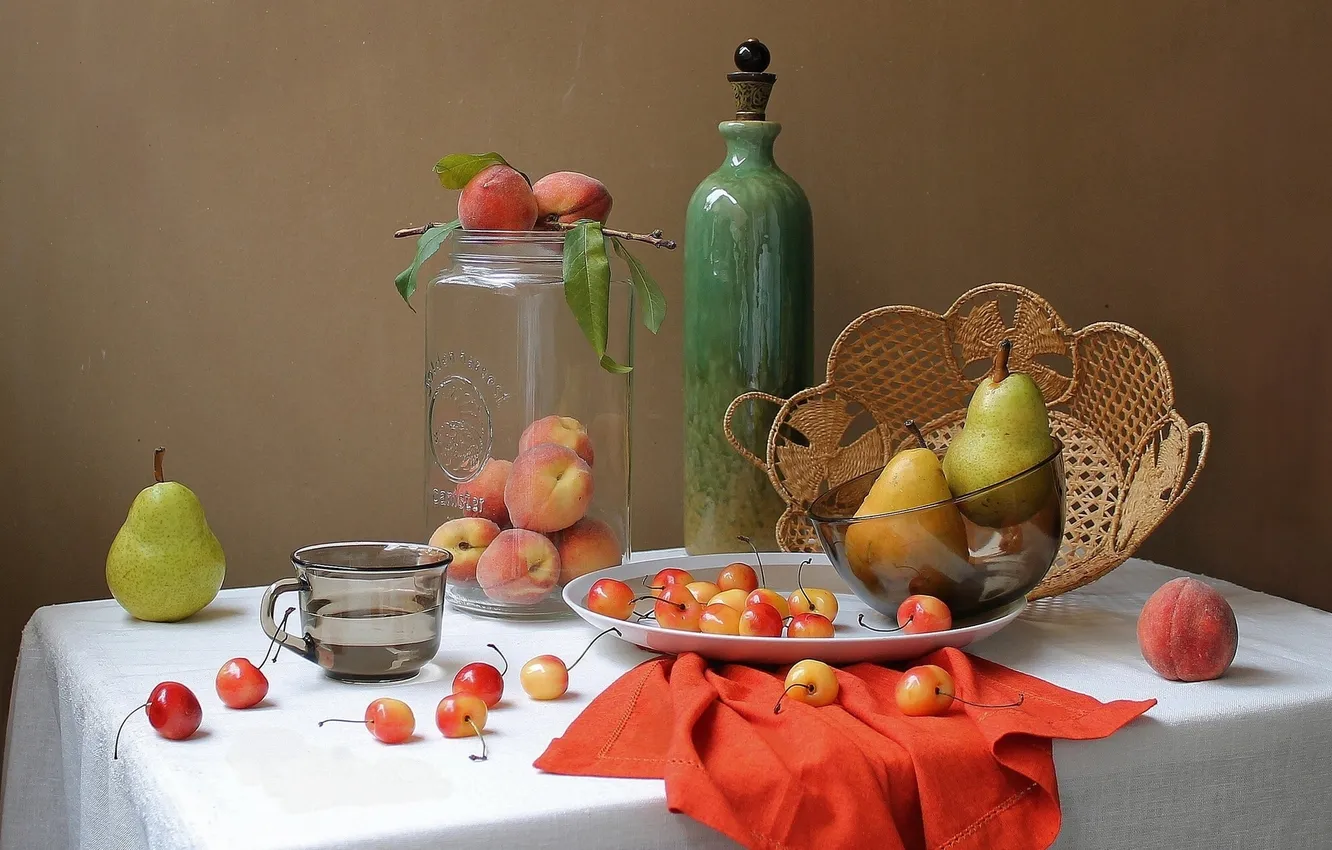 Photo wallpaper bottle, Bank, still life, peaches, pear, cherry, napkin