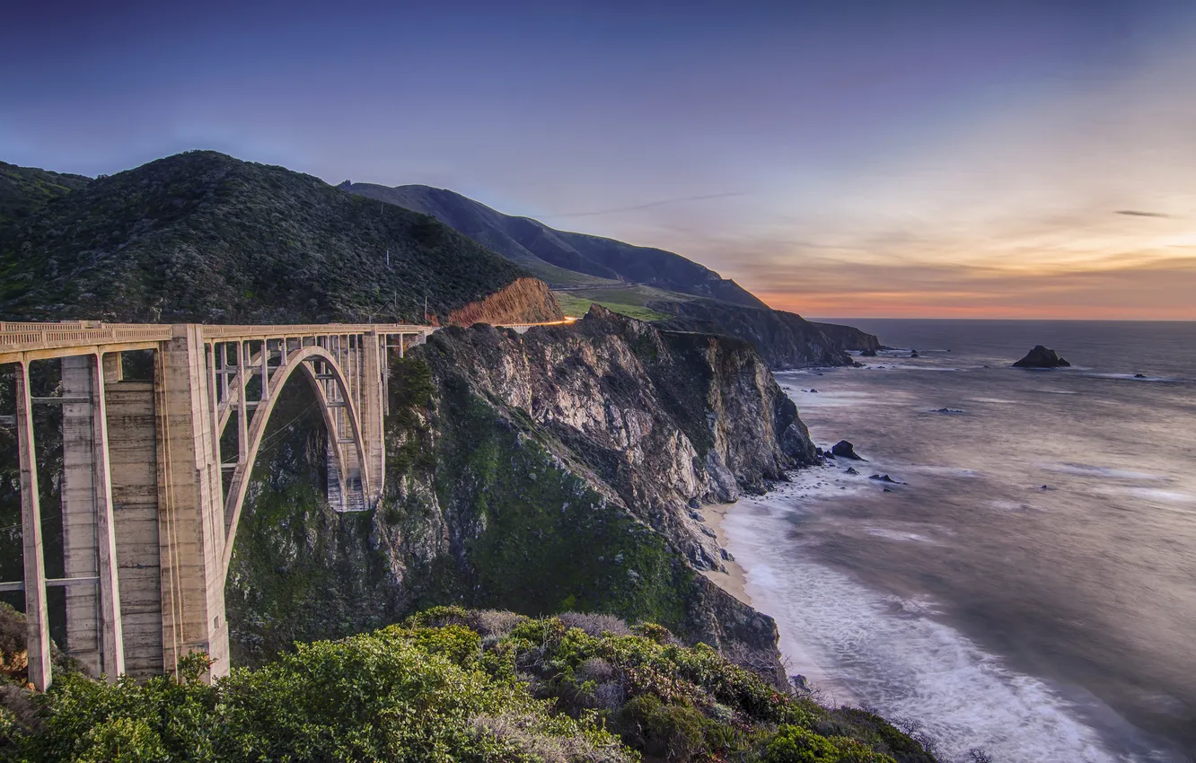 Photo wallpaper beach, mountains, bridge, view, California, Bixby Bridge, USА, Notleys Landing