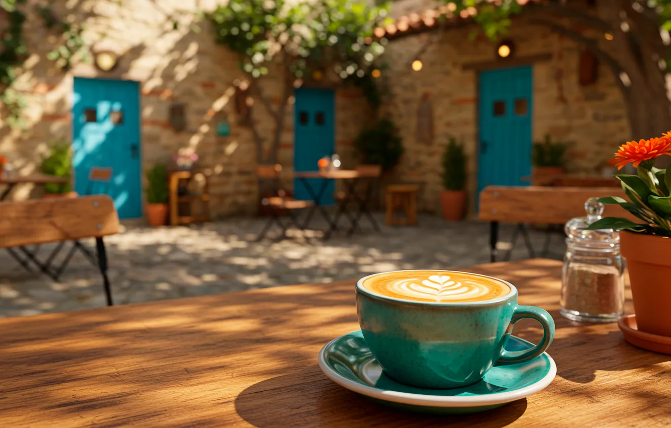 Photo wallpaper Wallpaper, street, coffee, art, Cup, wallpaper, table, art