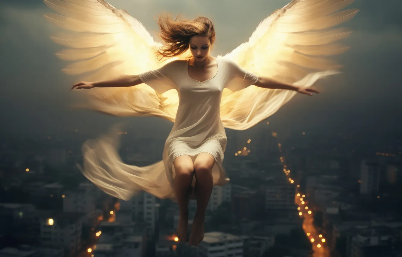 Photo wallpaper girl, flight, lights, hair, home, wings, angel, the evening