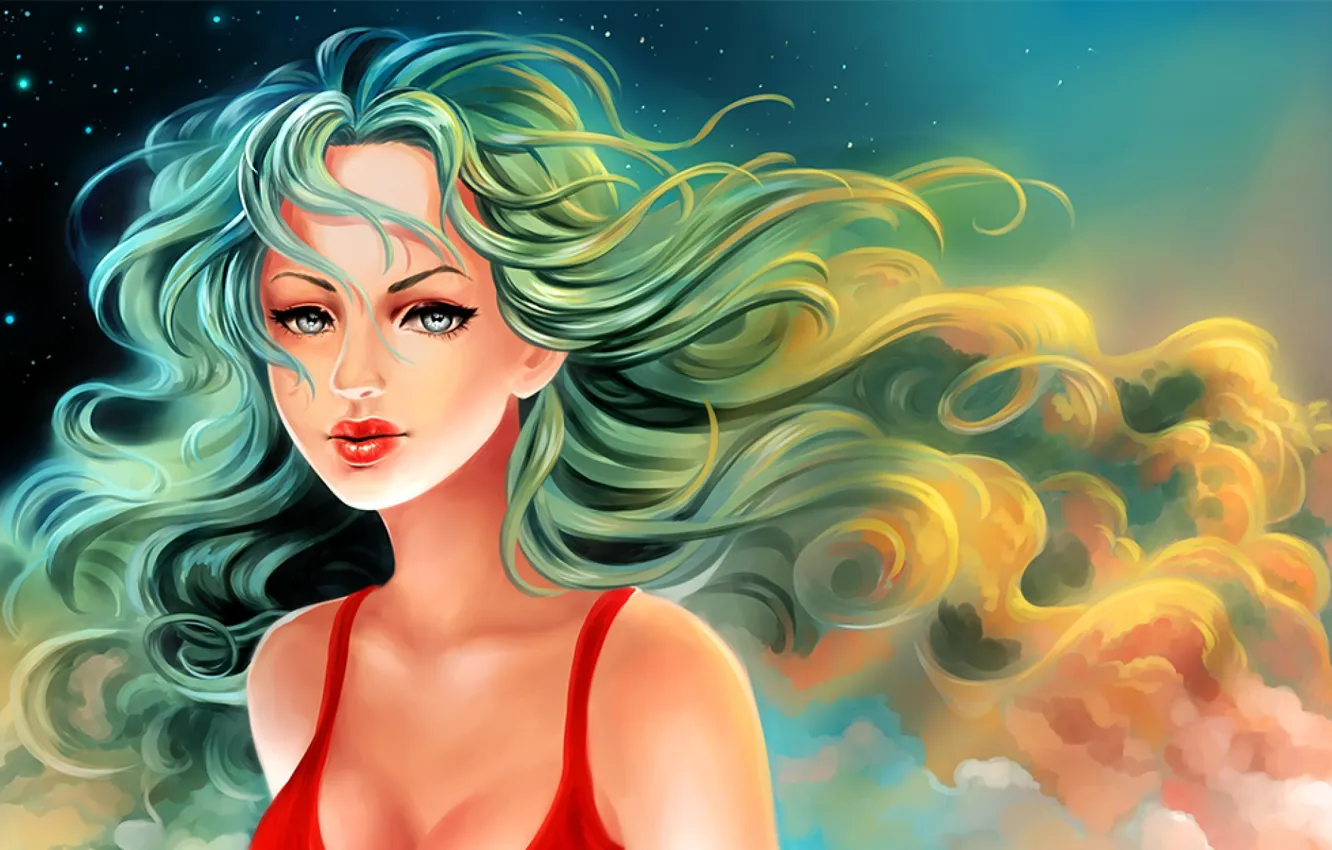 Photo wallpaper the sky, look, girl, hair