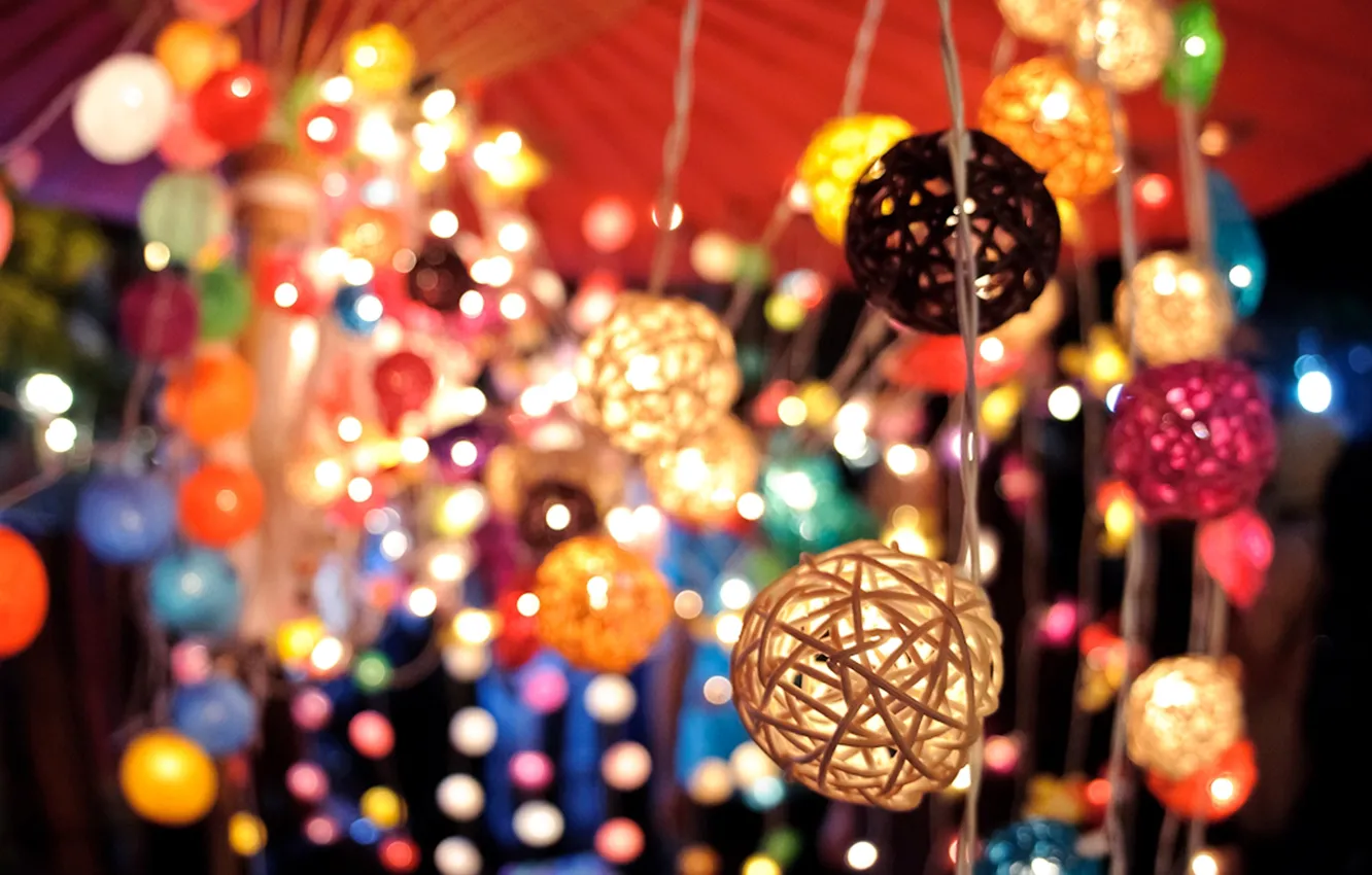 Photo wallpaper macro, light, lights, lights, garland, lanterns, colorful, bokeh
