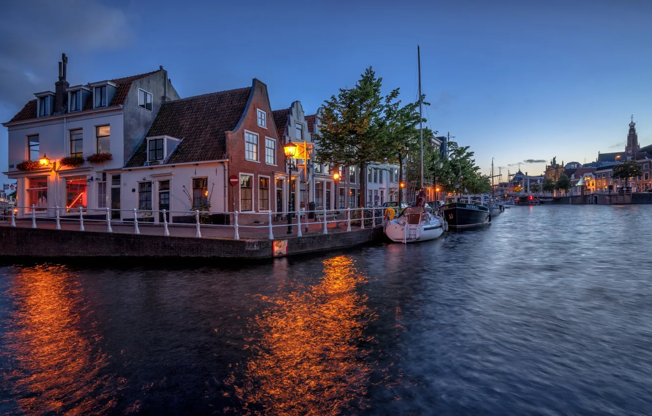 Photo wallpaper the city, river, home, boats, the evening, lighting, Netherlands, twilight