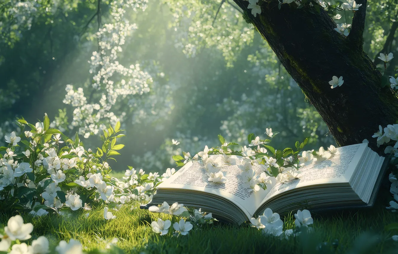 Photo wallpaper the sun, rays, light, trees, flowers, branches, Park, glade