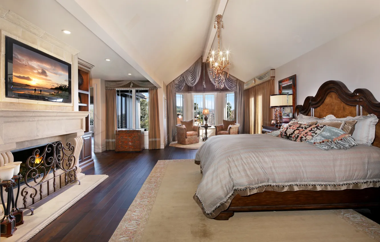 Photo wallpaper design, room, bed, window, chandelier, fireplace, mansion, design