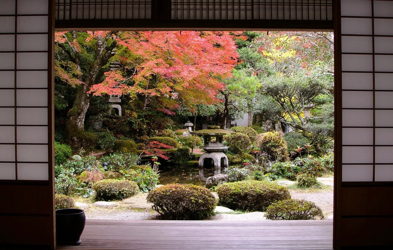 Photo wallpaper autumn, pond, garden, Japan, the bushes