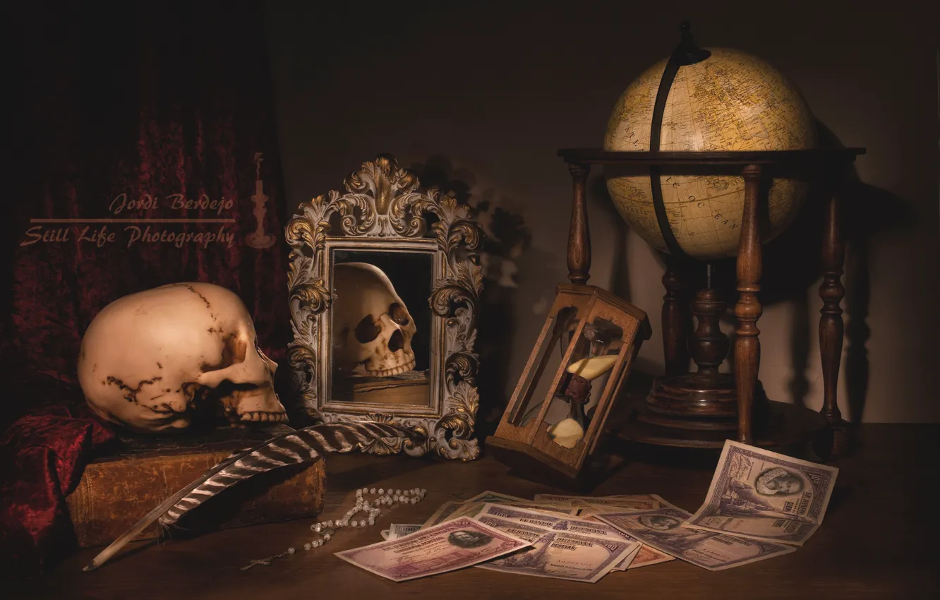 Photo wallpaper pen, watch, books, skull, money, mirror, still life, globe