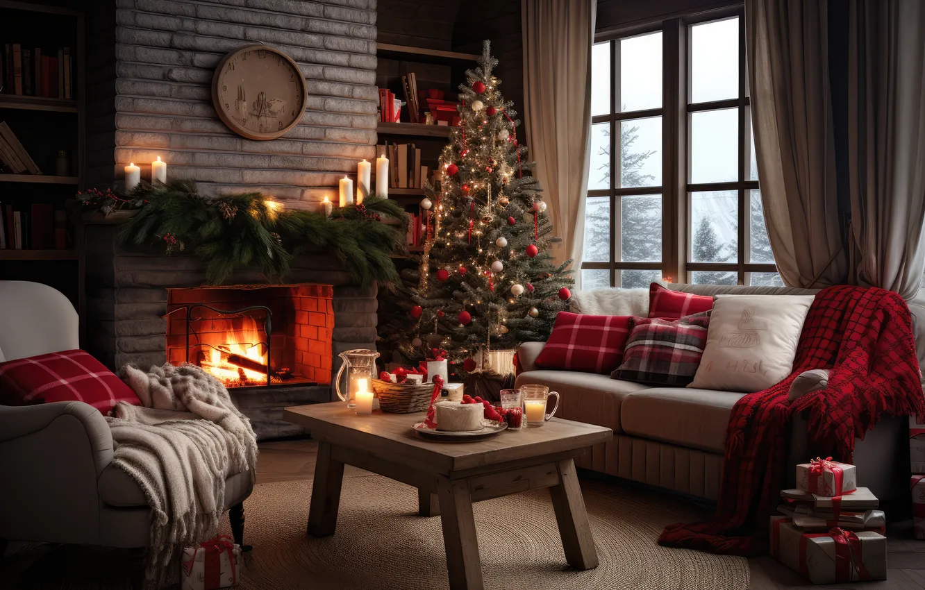 Photo wallpaper decoration, room, balls, tree, interior, Christmas, fireplace, balls