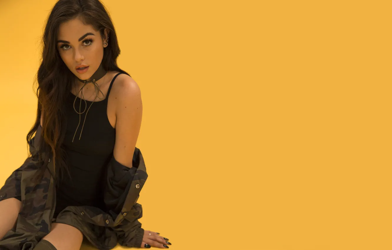 Photo wallpaper look, girl, background, sweetheart, brunette, jacket, singer, beautiful