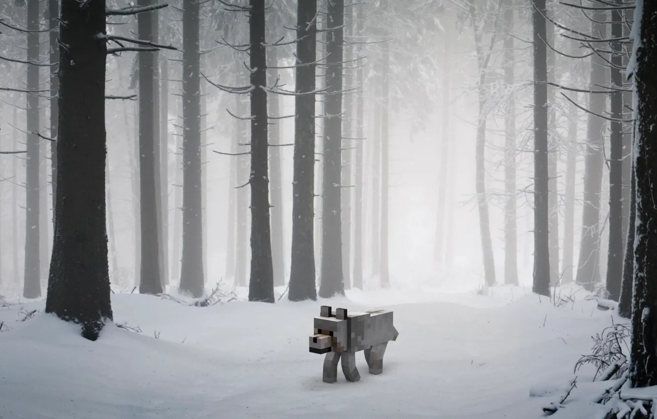 Photo wallpaper dog, minecraft, snow.