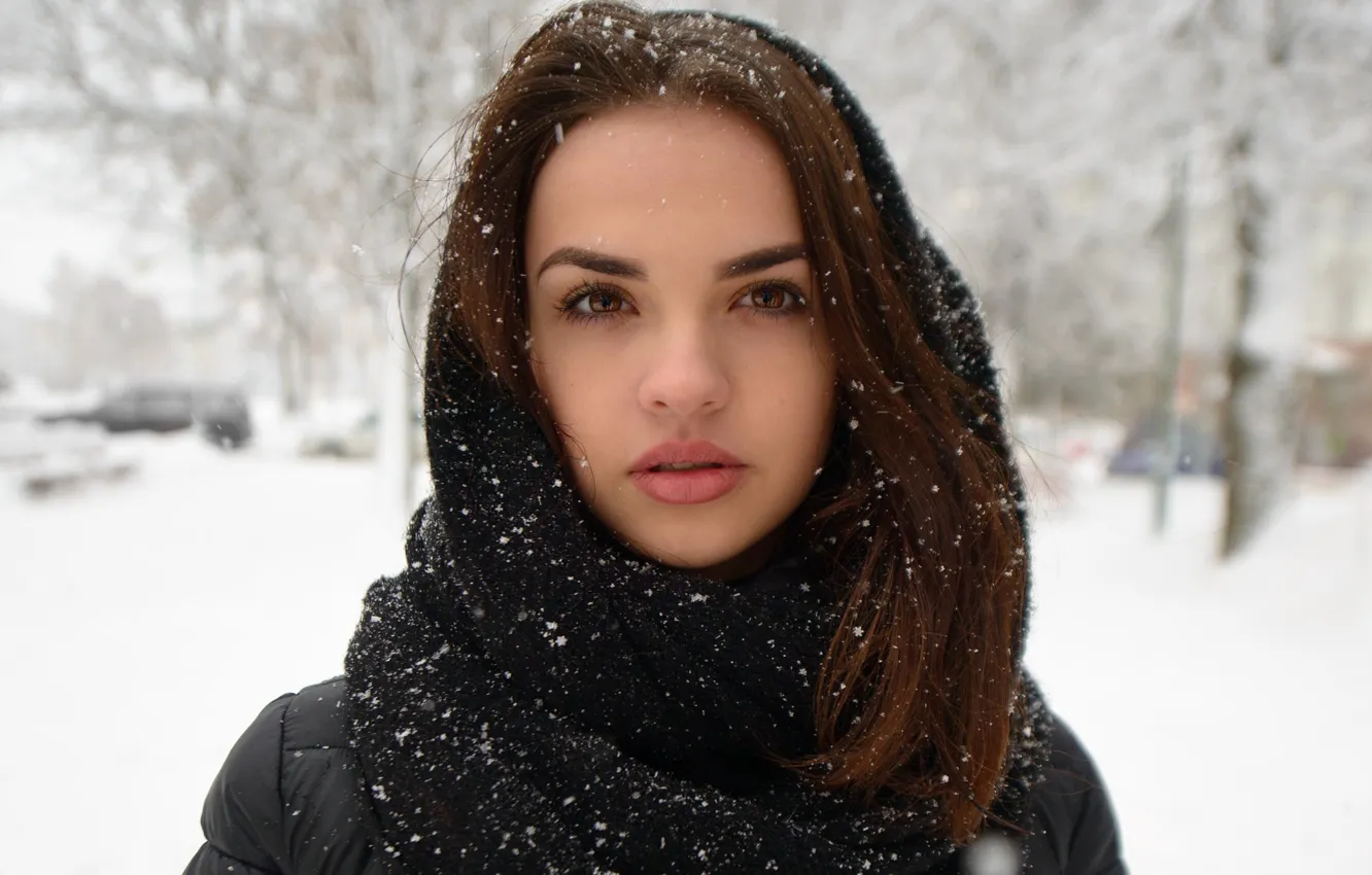 Photo wallpaper winter, look, girl, face, sweetheart, model, portrait, scarf