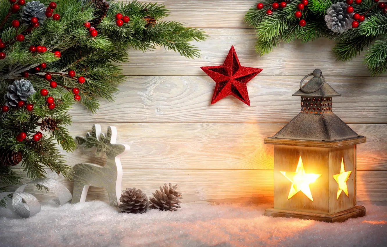 Photo wallpaper snow, branches, star, deer, Christmas, lantern, New year, bumps
