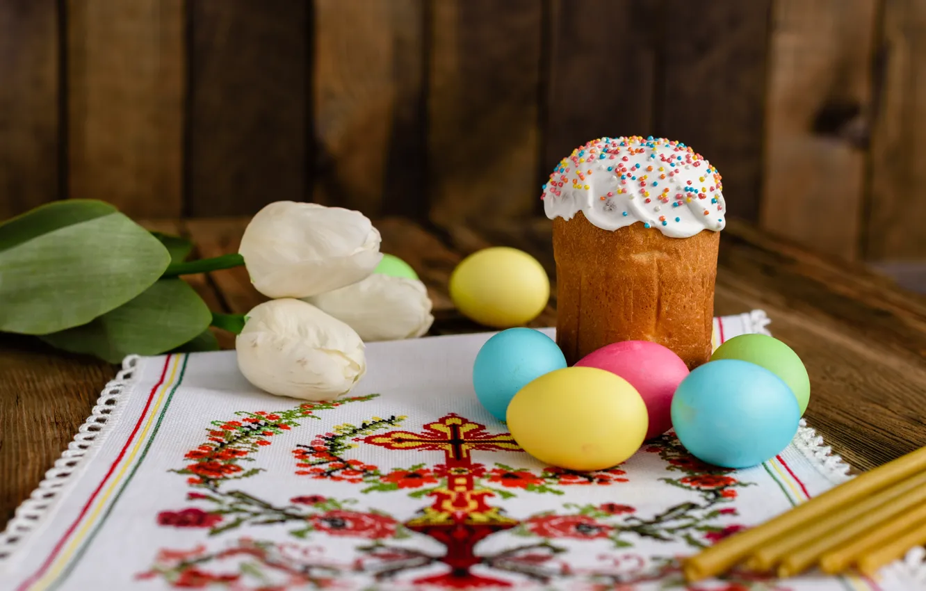 Photo wallpaper flowers, holiday, eggs, candles, Easter, tulips