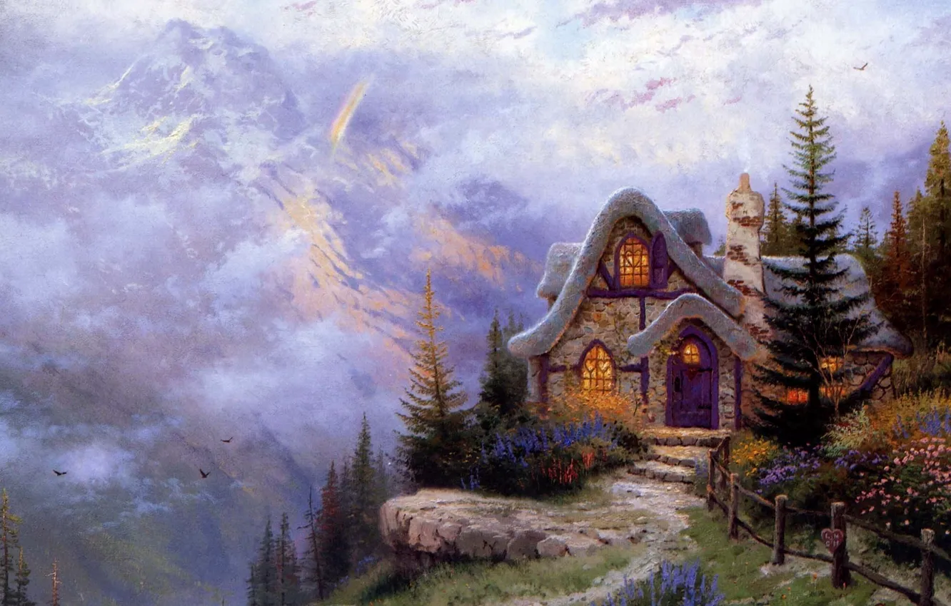 Photo wallpaper mountains, house, landscape, spruce, painting, cottage, stone, Thomas Kinkade