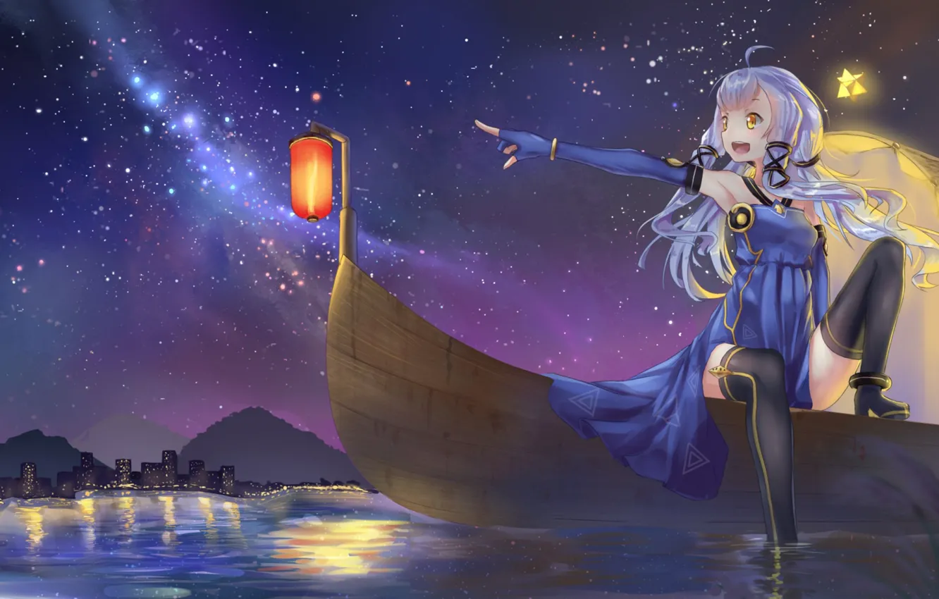 Photo wallpaper girl, night, boat, lantern, Vocaloid