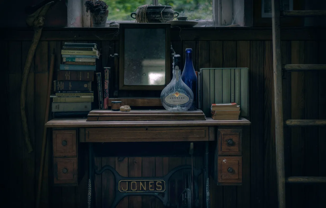 Photo wallpaper mirror, window, book, table