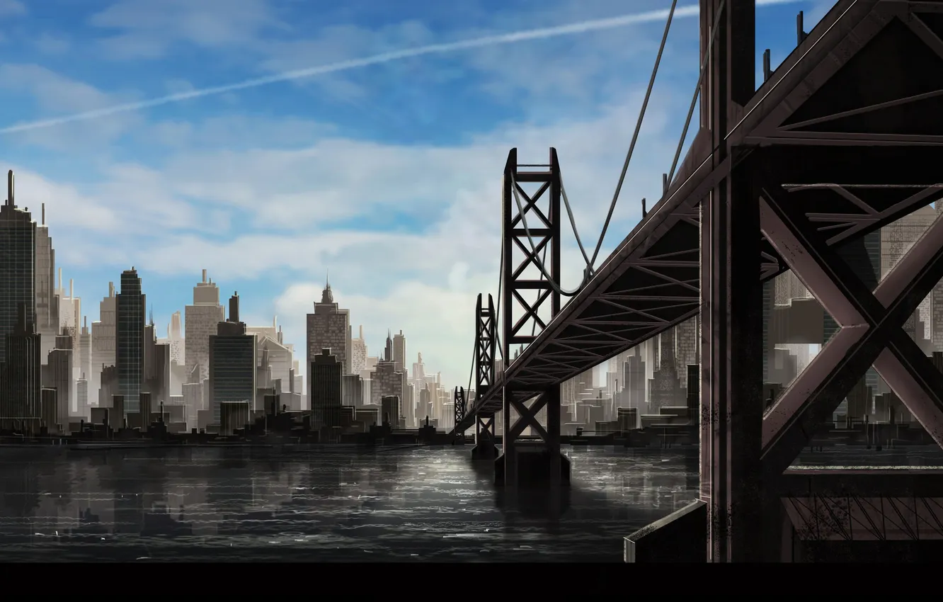 Photo wallpaper the sky, water, bridge, city, the city, river, fiction, art