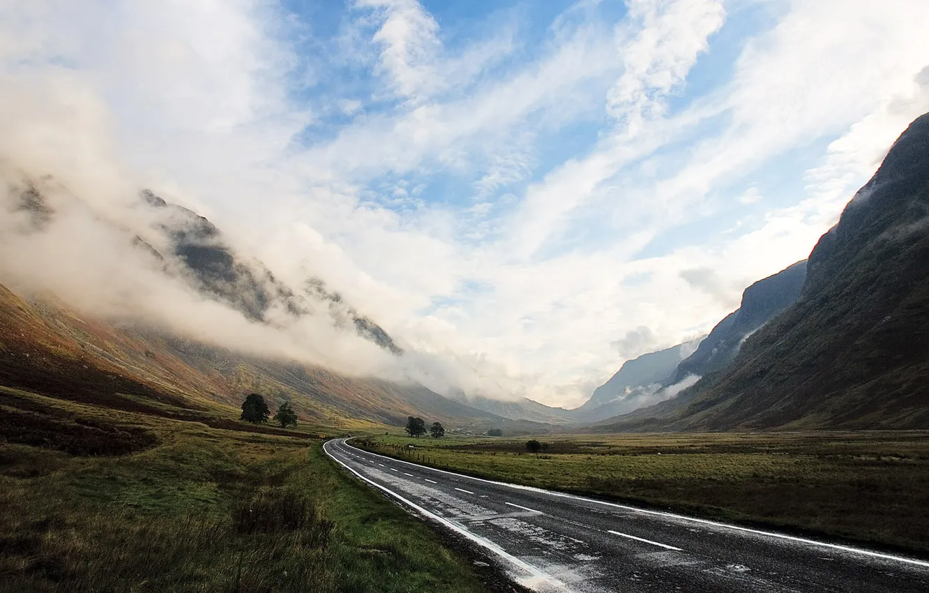 Photo wallpaper road, the sky, mountains, fog, haze