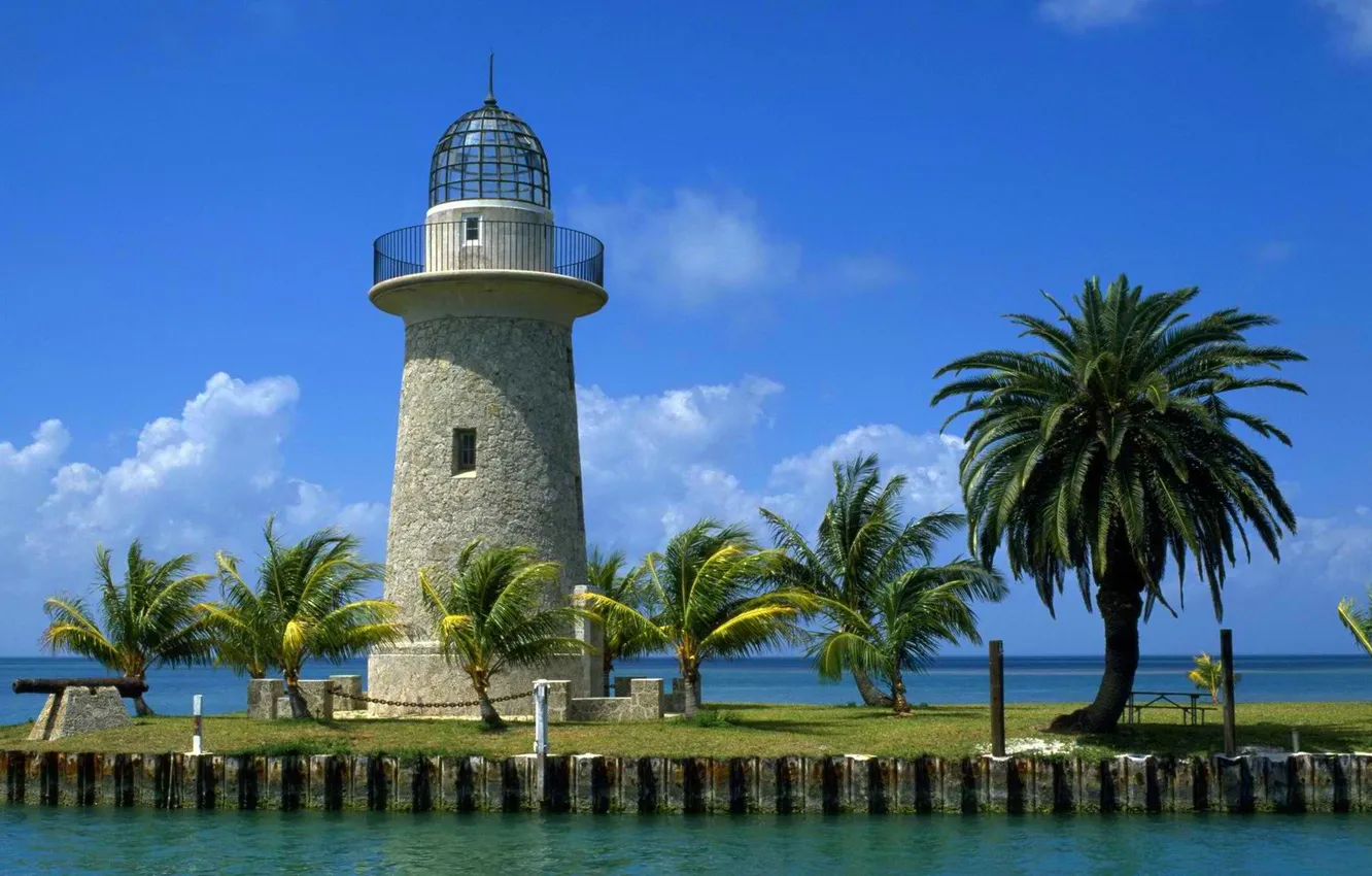 Photo wallpaper sea, the sky, clouds, palm trees, lighthouse, gun
