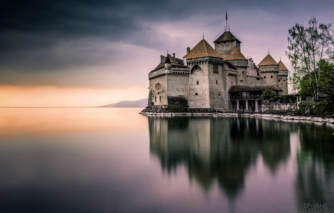 Photo wallpaper lake, castle, Switzerland, Silion, Geneva
