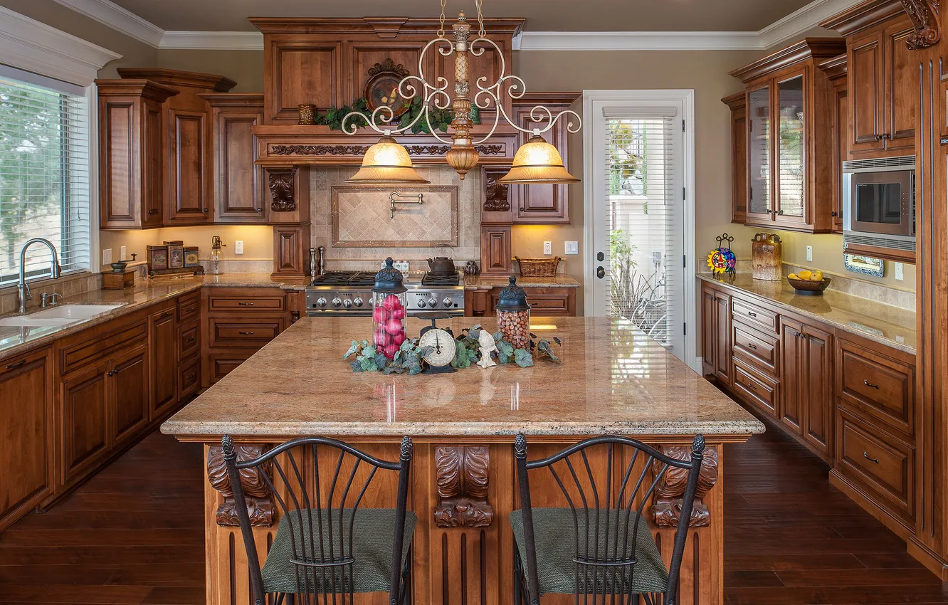 Photo wallpaper trees, design, style, furniture, kitchen, chandelier, decor