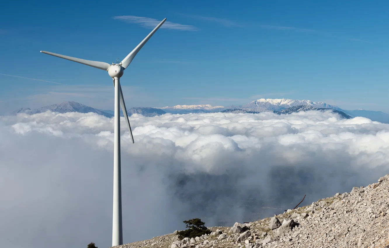 Photo wallpaper the sky, landscape, mountains, windmills