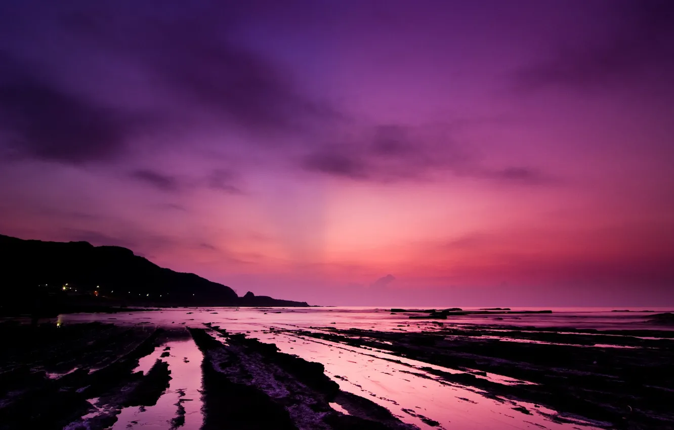 Photo wallpaper water, sunset, pink, shore