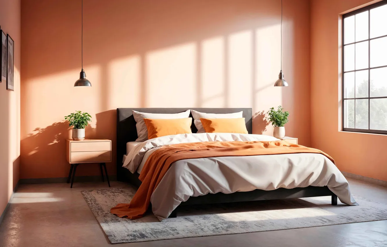 Photo wallpaper design, style, room, bed, interior, minimalism, bedroom, coral-colored walls
