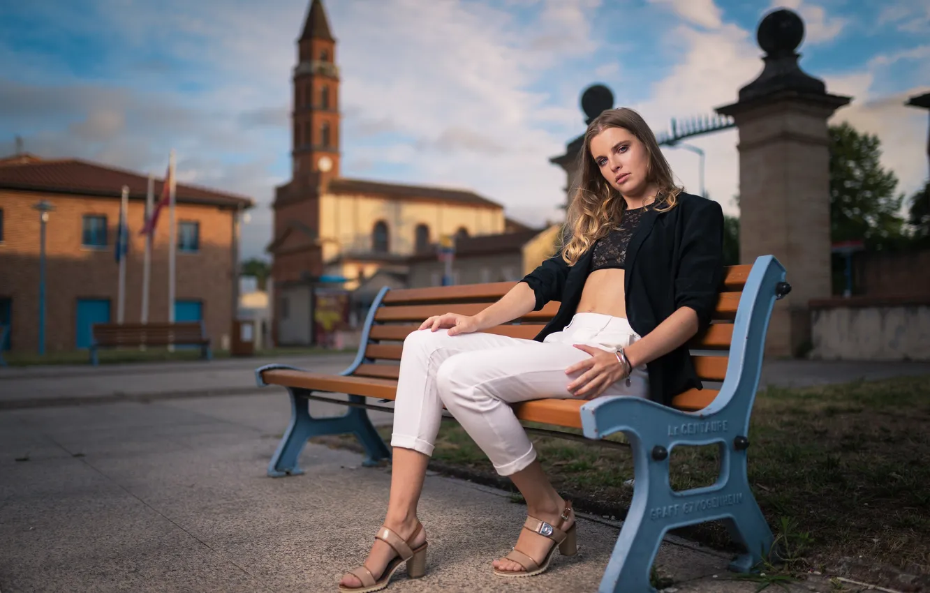 Photo wallpaper girl, bench, sexy, model, bokeh, Camille