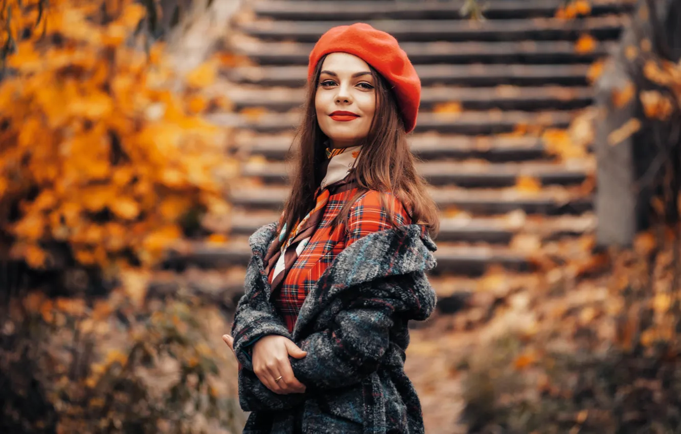 Photo wallpaper autumn, girl, smile, foliage, ladder, stage, brown hair, coat