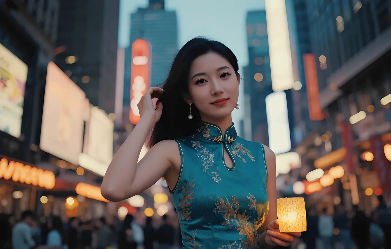 Photo wallpaper girl, the city, lamp, earrings, dress, hairstyle, Chinese, Asian