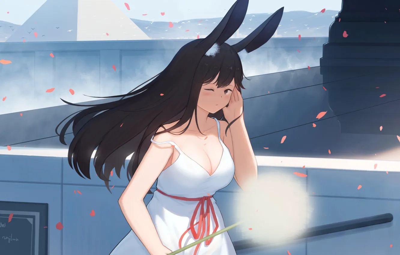 Photo wallpaper roof, girl, dandelion, petals, rabbit, ears