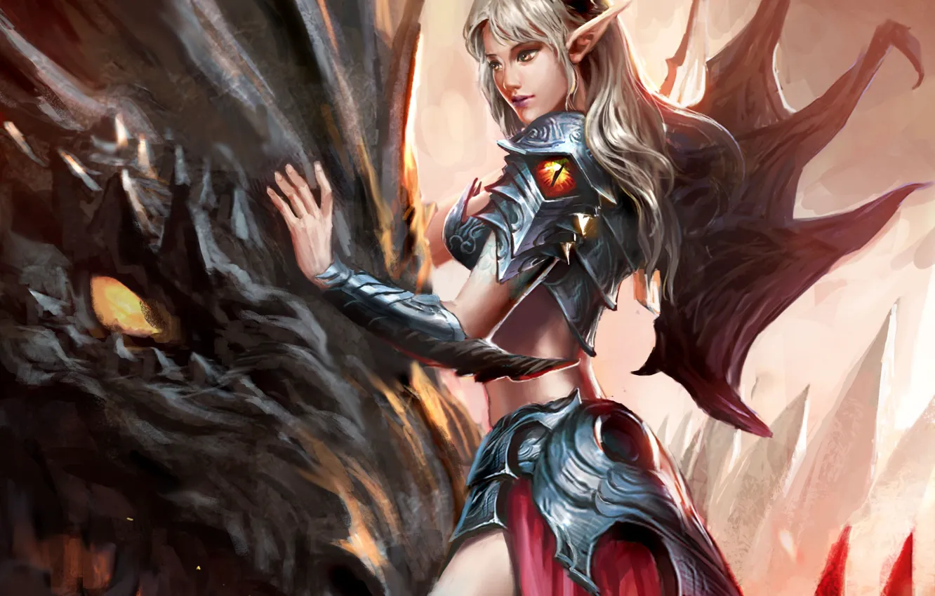 Photo wallpaper girl, fantasy, horns, armor, wings, dragon, elf, artwork