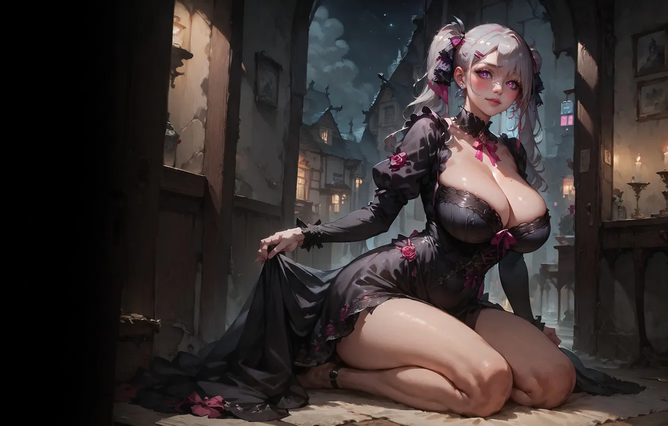 Photo wallpaper girl, night, street, anime, Neuroart, AI ART, neural network