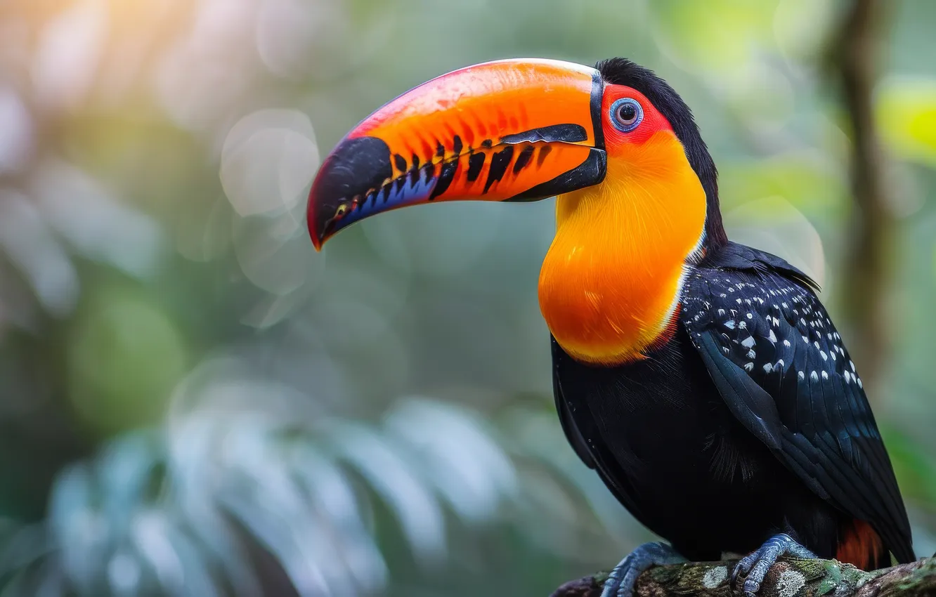 Photo wallpaper look, bird, portrait, Toucan, bokeh, AI art, neural network